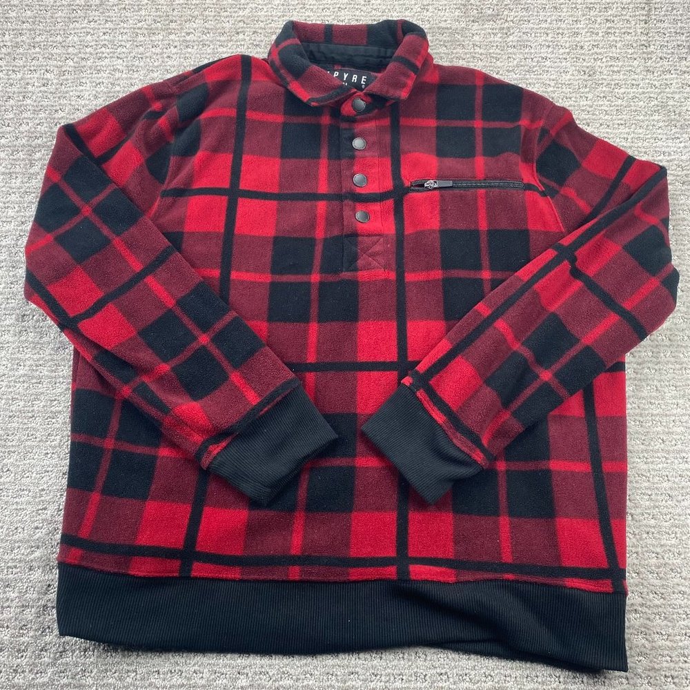 Empyre Fleece Sweater Men Medium M Red Black Checkered Pullover 1/4 Button Cozy